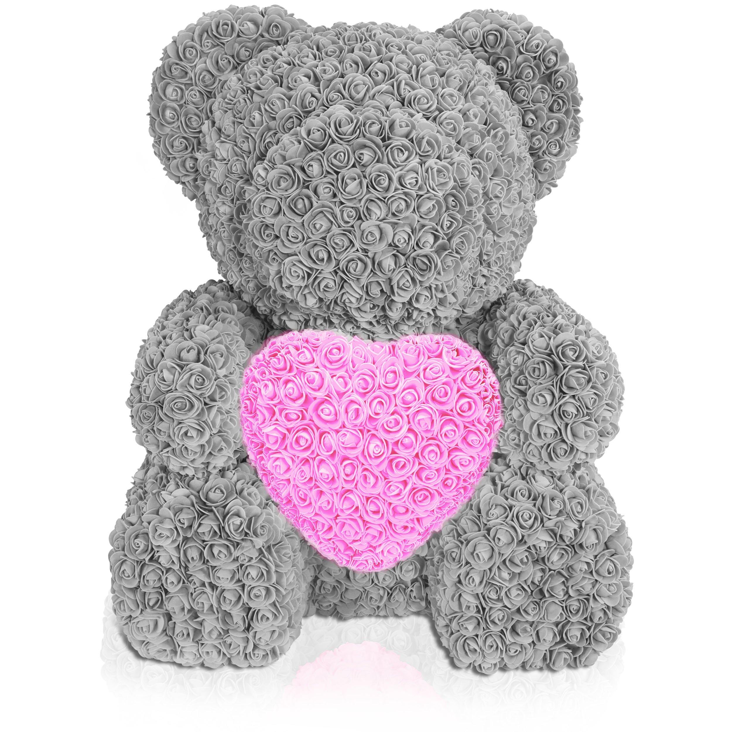 70 cm Grauer Rosenbär Geschenkbox | in rosa Herz Rosenbären vorverpackt mit